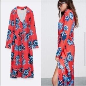 C27 Zara Dress Women Red Floral Midi‎ Stretch Button Front Belted Blogger